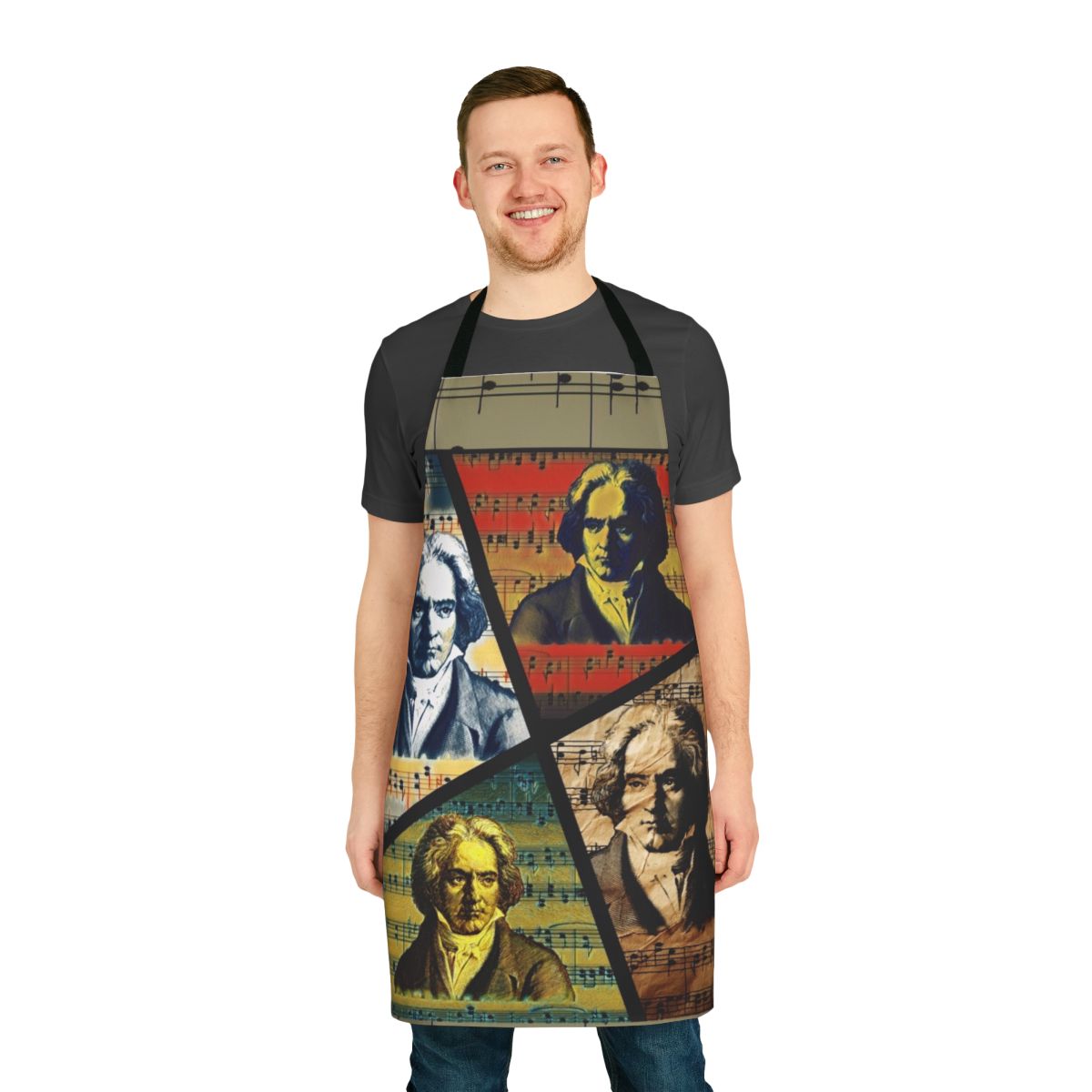 Colorful apron featuring a collage of Beethoven-inspired artwork and musical elements