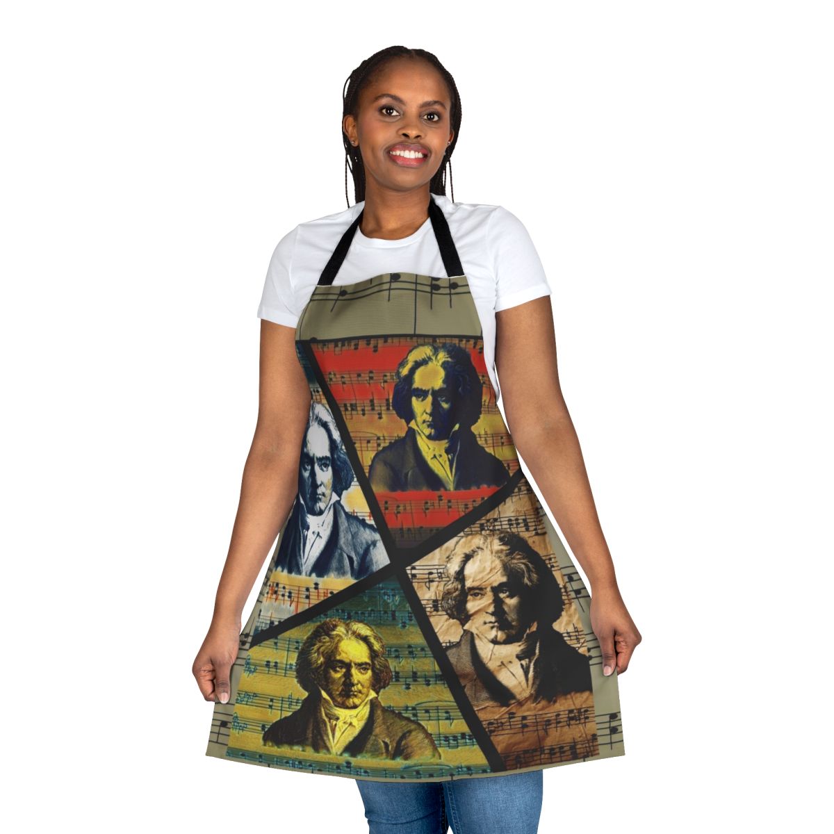 Colorful apron featuring a collage of Beethoven-inspired artwork and musical elements