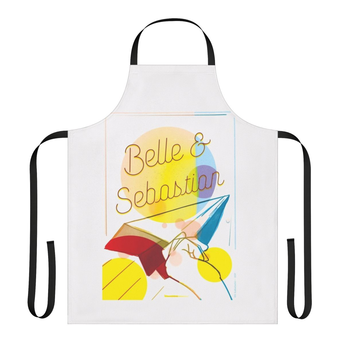 Vibrant apron featuring the indie pop band Belle and Sebastian's logo and iconic imagery