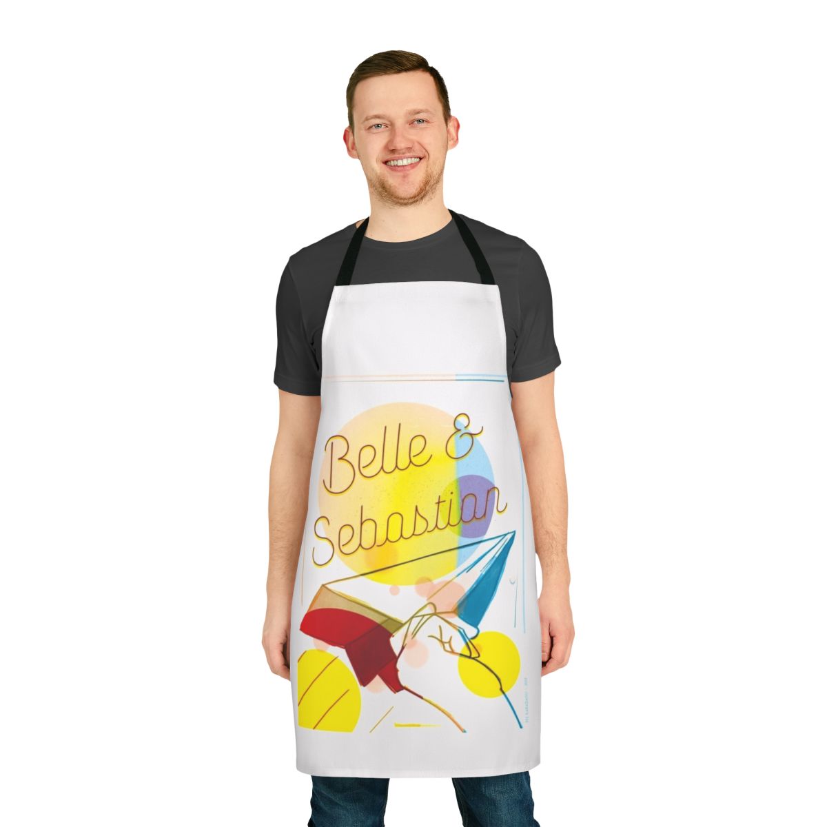 Vibrant apron featuring the indie pop band Belle and Sebastian's logo and iconic imagery