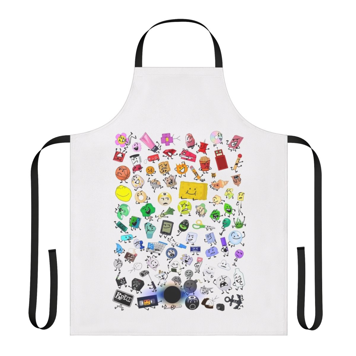 Colorful BFDI and TPOT inspired apron featuring characters and poses from the popular Battle for Dream Island series