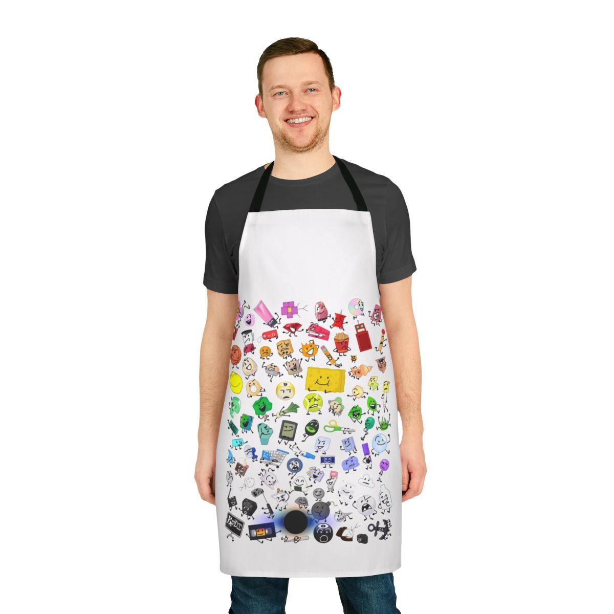 Colorful BFDI and TPOT inspired apron featuring characters and poses from the popular Battle for Dream Island series