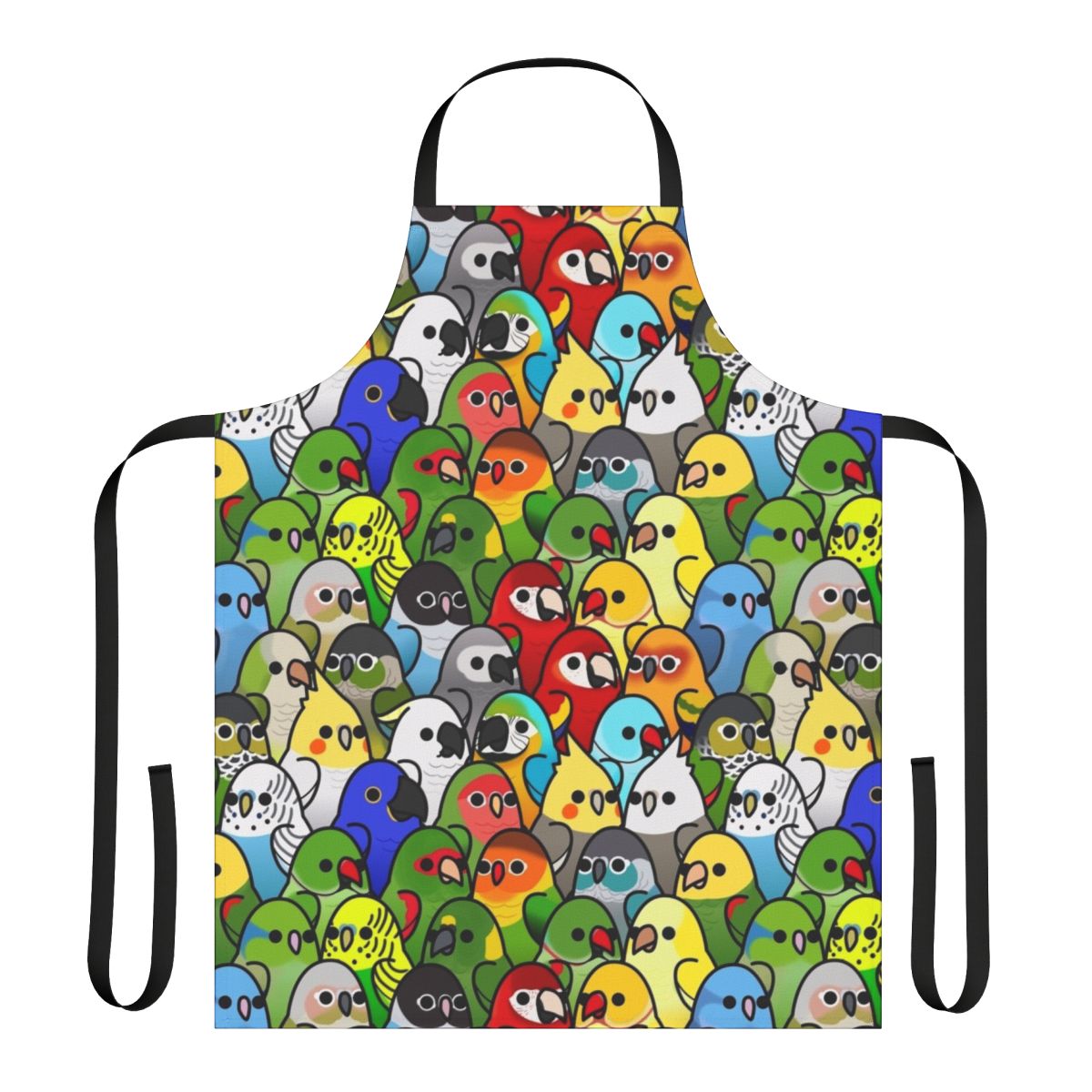 Vibrant apron with a flock of colorful bird illustrations, including cockatiels, cockatoos, macaws, and more.