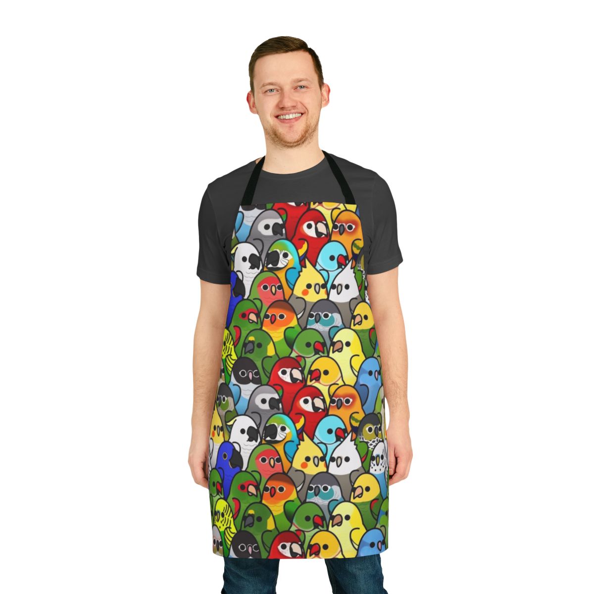 Vibrant apron with a flock of colorful bird illustrations, including cockatiels, cockatoos, macaws, and more.