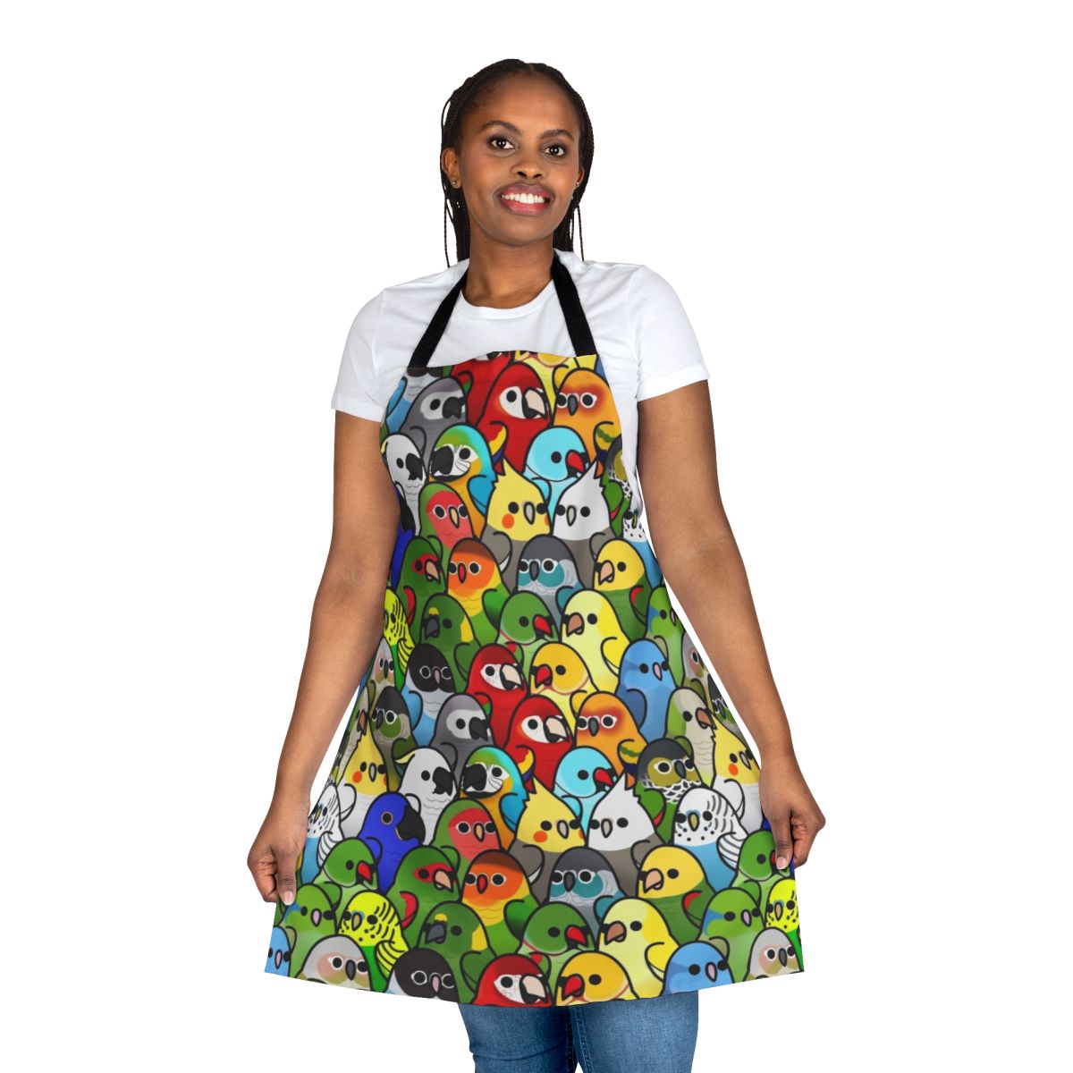 Vibrant apron with a flock of colorful bird illustrations, including cockatiels, cockatoos, macaws, and more.