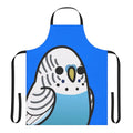 Colorful apron featuring a vibrant blue budgie (parakeet) bird design