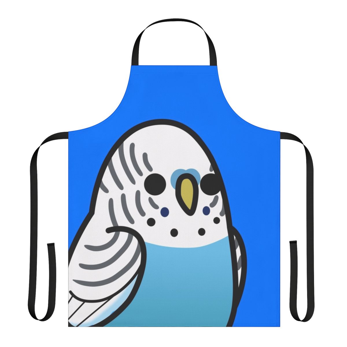 Colorful apron featuring a vibrant blue budgie (parakeet) bird design