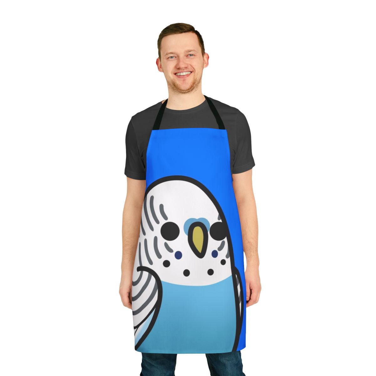 Colorful apron featuring a vibrant blue budgie (parakeet) bird design