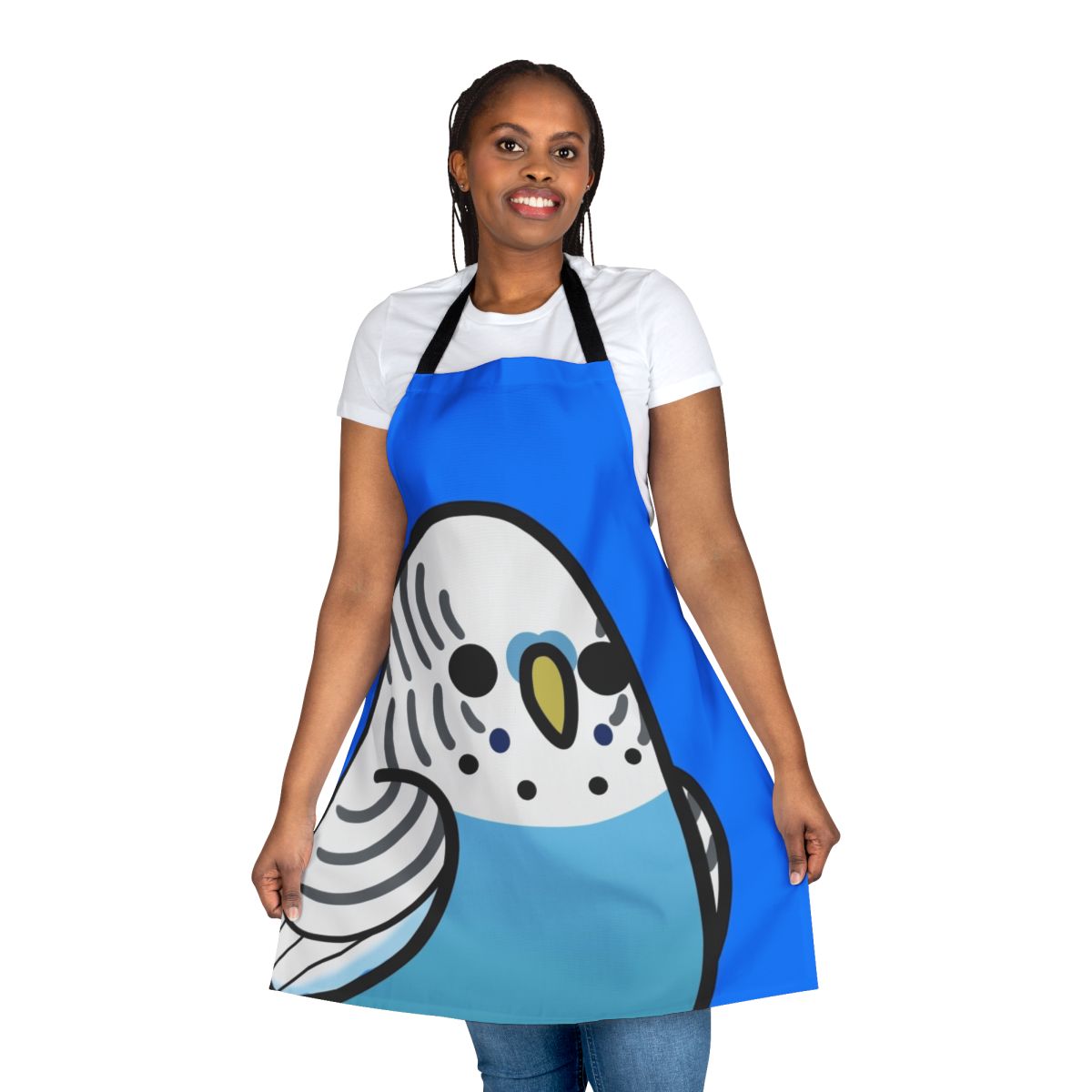 Colorful apron featuring a vibrant blue budgie (parakeet) bird design