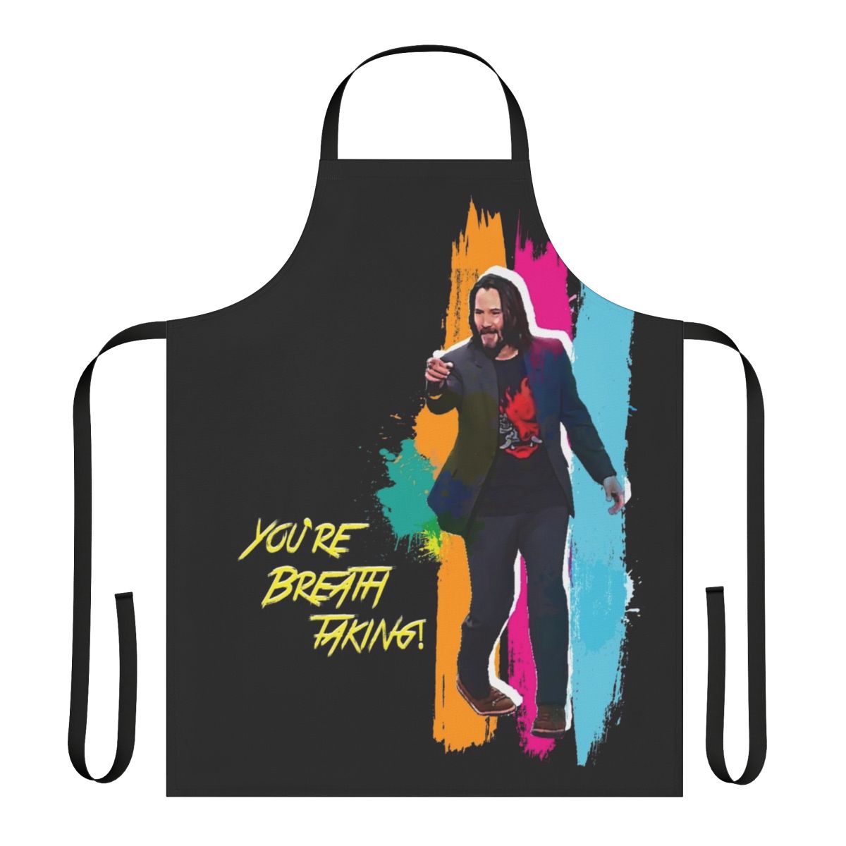 Vibrant and colorful apron with a futuristic, cyberpunk-inspired design featuring a "breathtaking" design