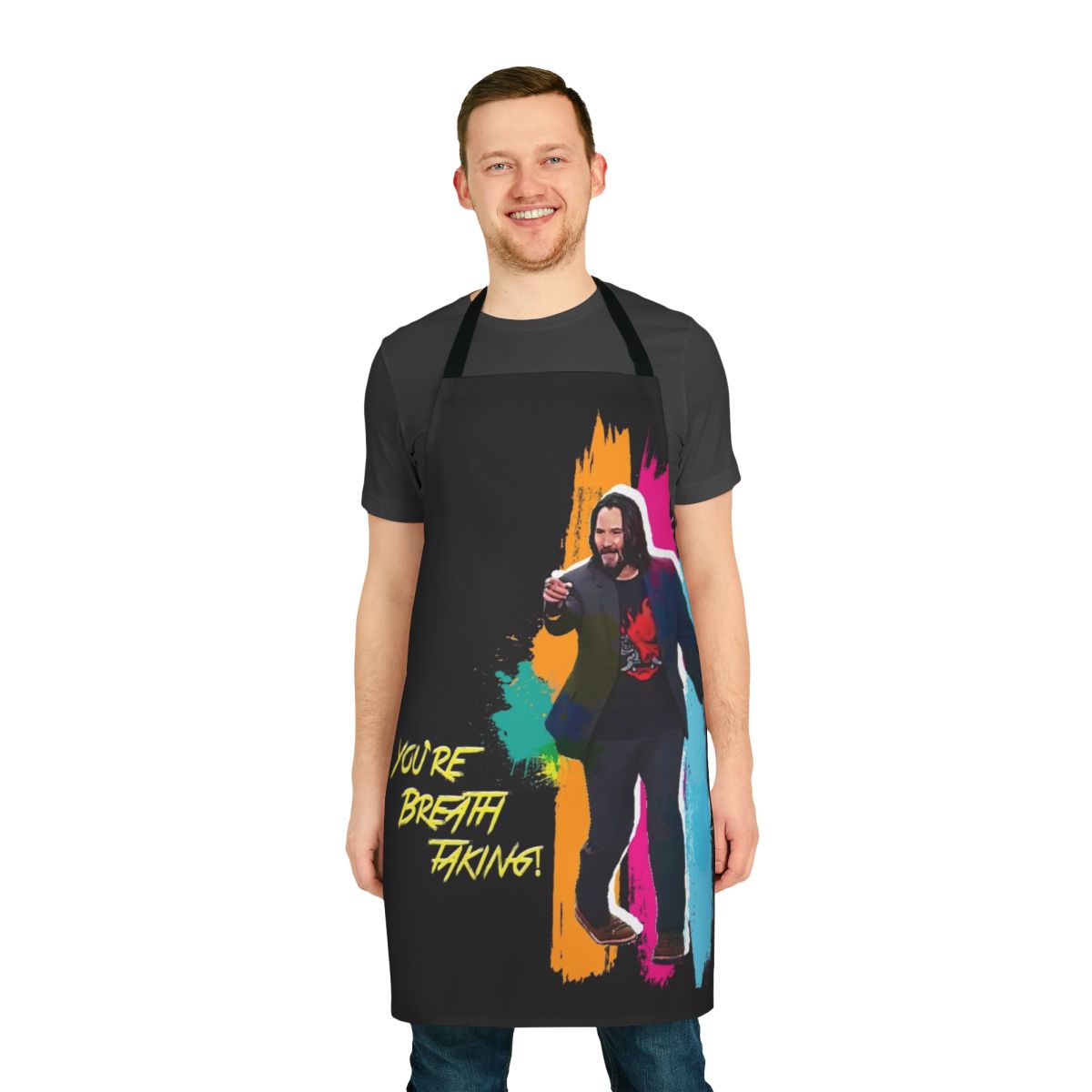 Vibrant and colorful apron with a futuristic, cyberpunk-inspired design featuring a "breathtaking" design