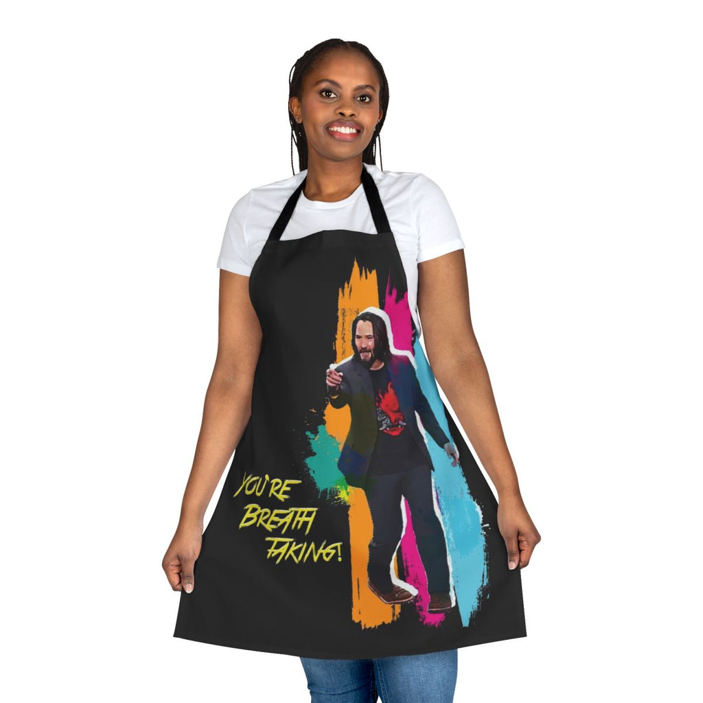 Vibrant and colorful apron with a futuristic, cyberpunk-inspired design featuring a "breathtaking" design