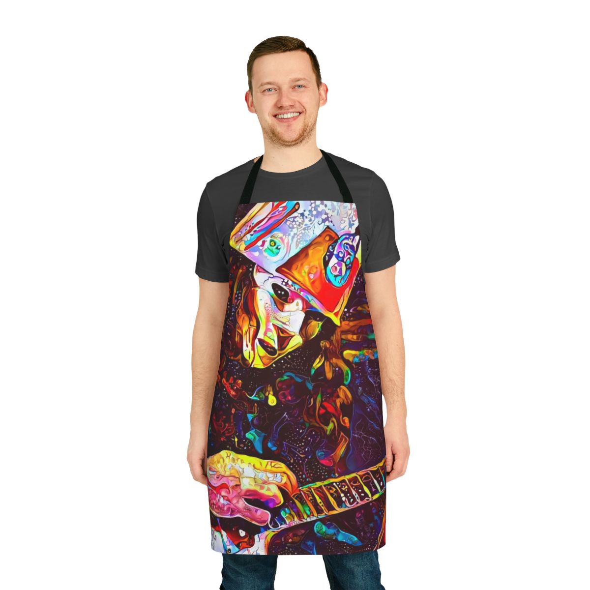 Colorful apron featuring the Buckethead Udnie Wave design, a vibrant and artistic kitchen accessory.