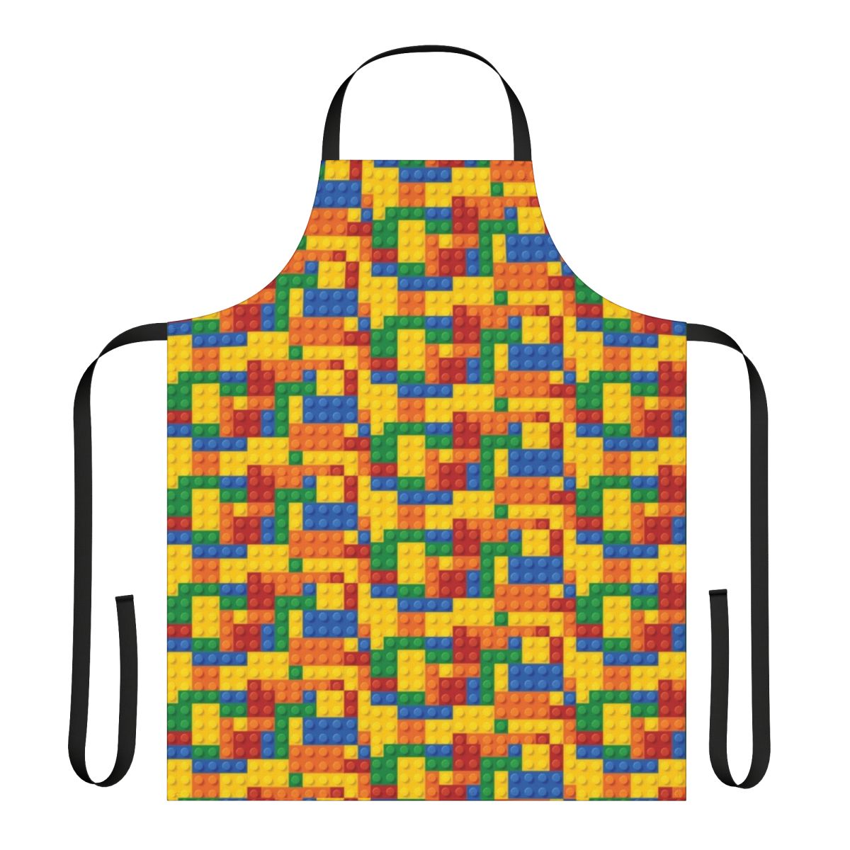 A colorful apron featuring patterns reminiscent of building blocks