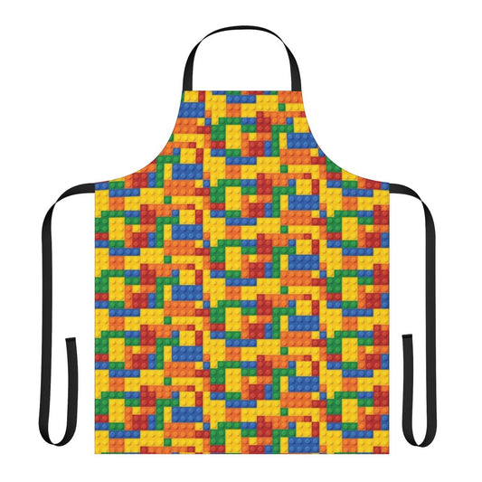 A colorful apron featuring patterns reminiscent of building blocks