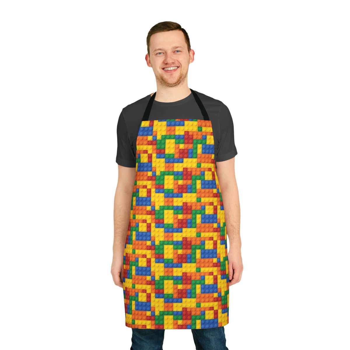 A colorful apron featuring patterns reminiscent of building blocks