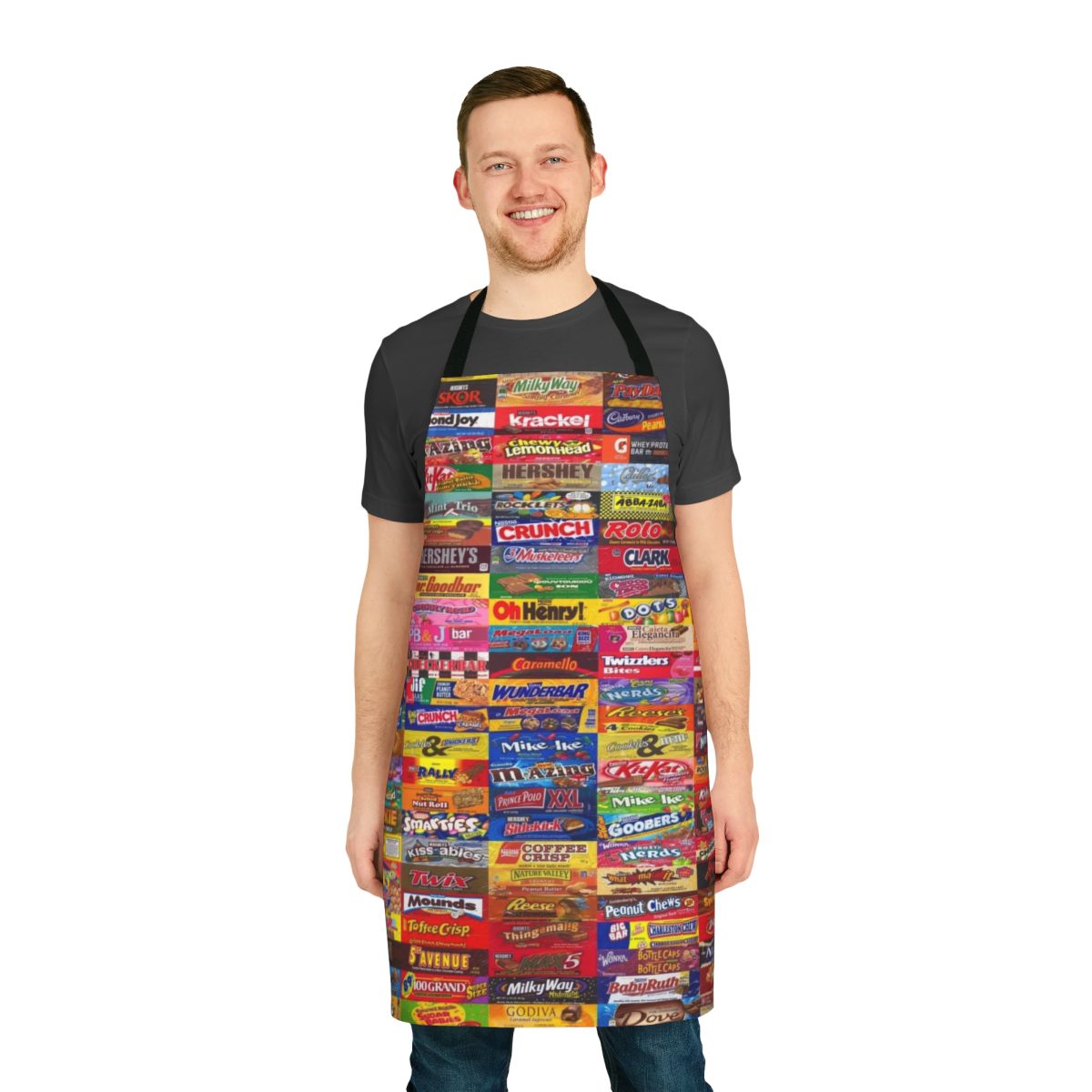 Colorful candy wrappers printed on a durable, adjustable apron