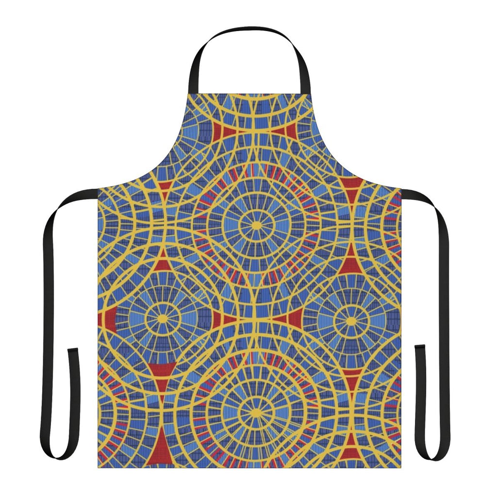 Colorful patterned apron with red, blue, and yellow striped and diamond circle design, inspired by the iconic carpet at the Marriott hotel during Dragon Con convention.