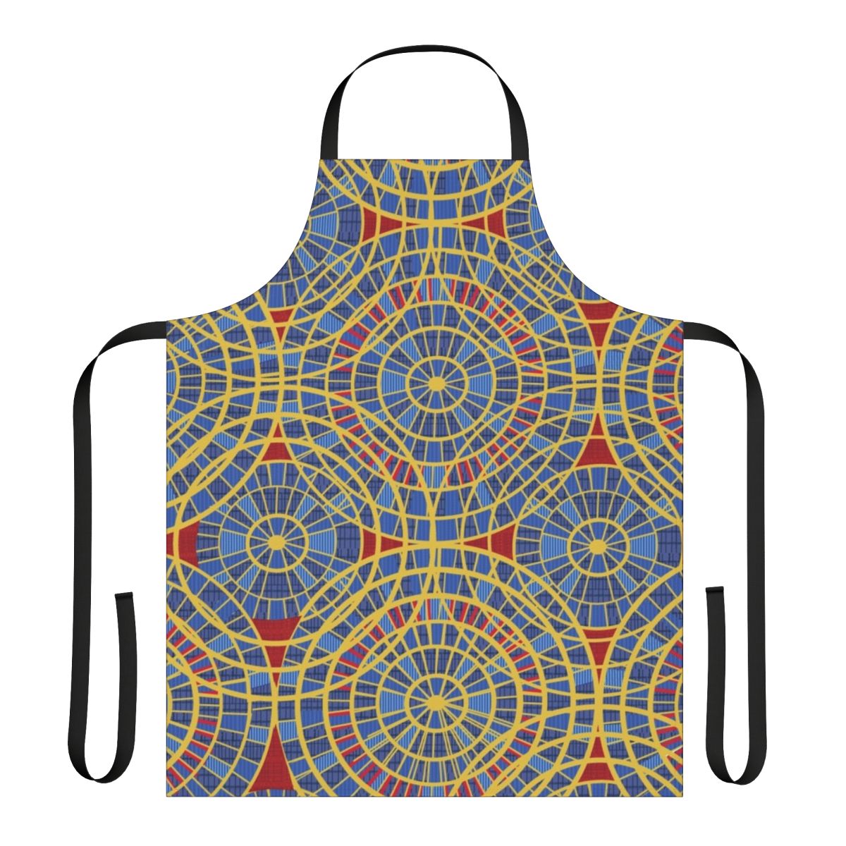 Colorful patterned apron with red, blue, and yellow striped and diamond circle design, inspired by the iconic carpet at the Marriott hotel during Dragon Con convention.
