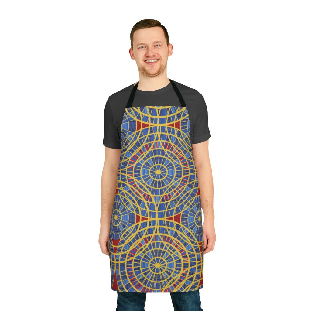 Colorful patterned apron with red, blue, and yellow striped and diamond circle design, inspired by the iconic carpet at the Marriott hotel during Dragon Con convention.