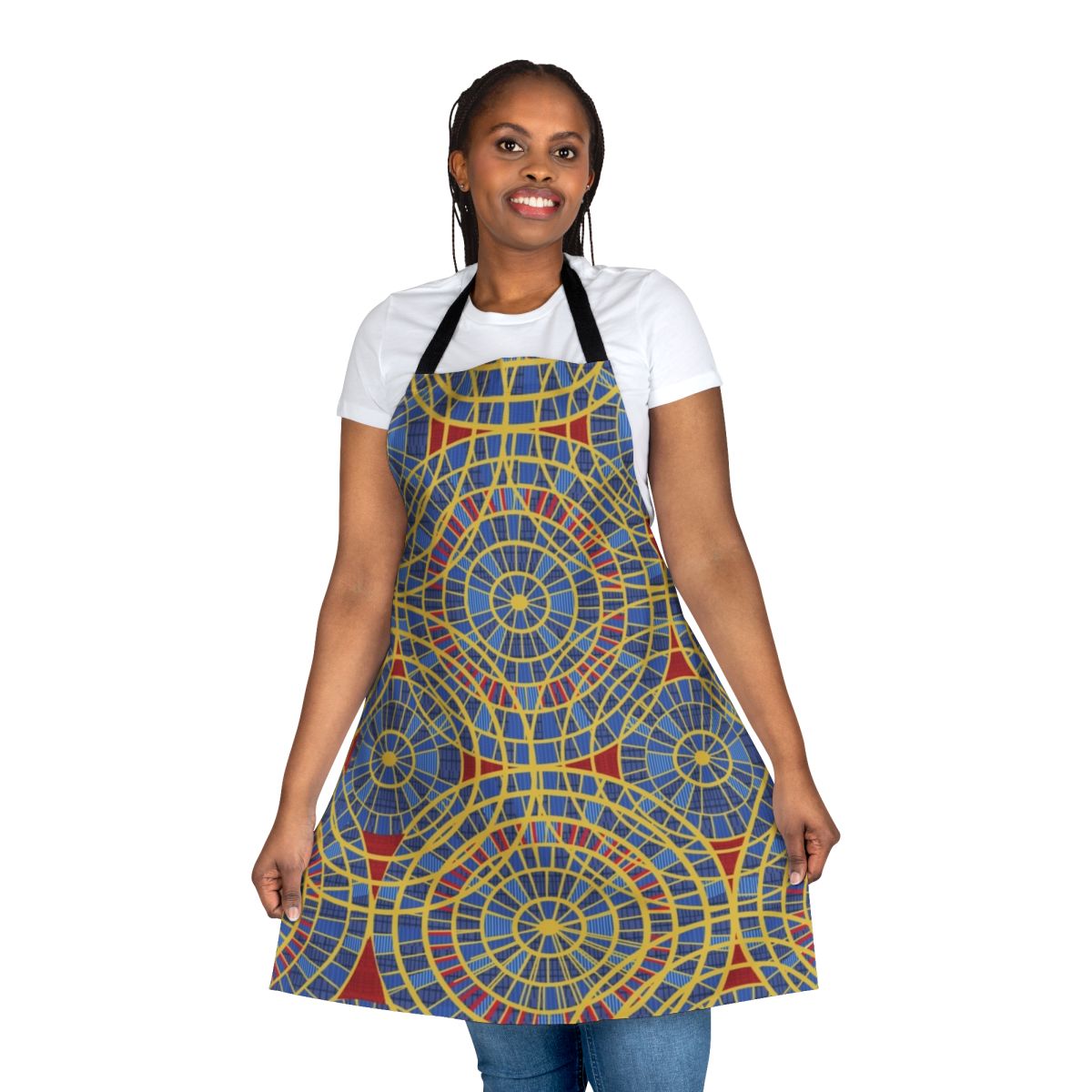 Colorful patterned apron with red, blue, and yellow striped and diamond circle design, inspired by the iconic carpet at the Marriott hotel during Dragon Con convention.