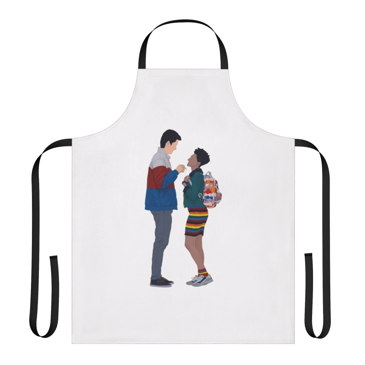 Colorful vector illustration of Otis and Ola from the popular Netflix series Sex Education on a fun and educational apron.