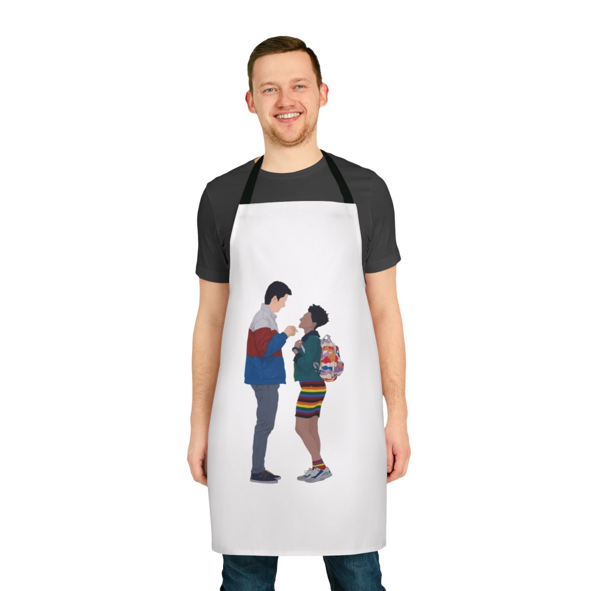 Colorful vector illustration of Otis and Ola from the popular Netflix series Sex Education on a fun and educational apron.