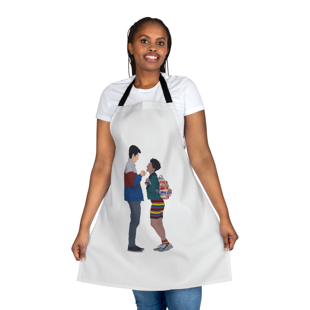 Colorful vector illustration of Otis and Ola from the popular Netflix series Sex Education on a fun and educational apron.