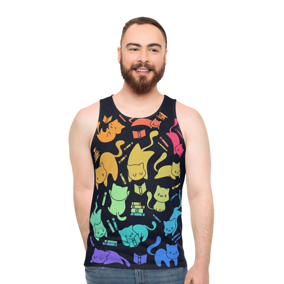Colorful cats and books design unisex tank top