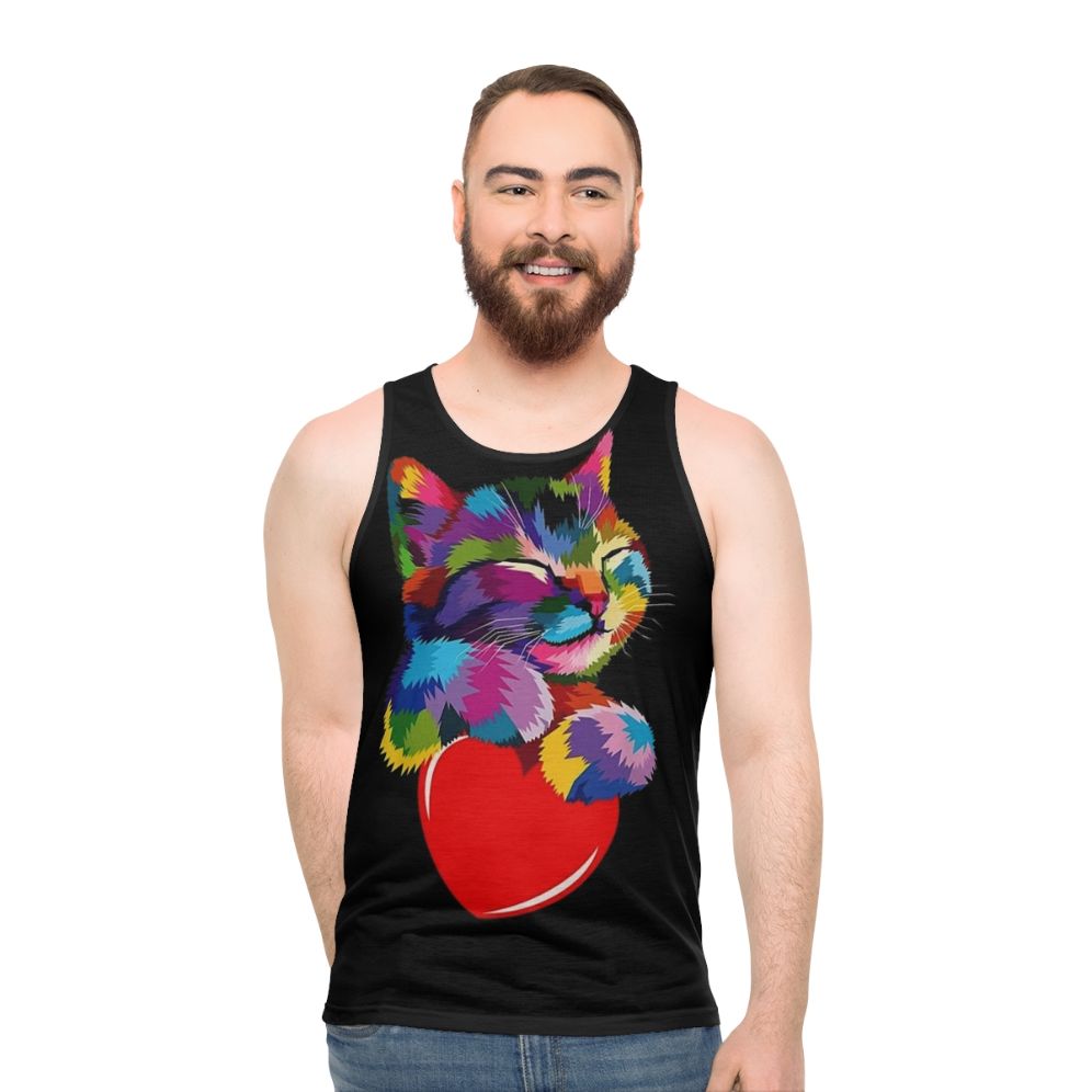 Colorful cat hugging heart unisex graphic tank top