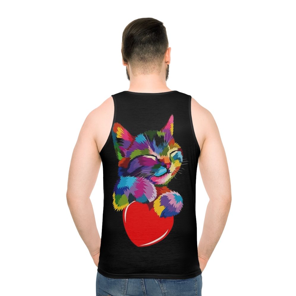 Colorful cat hugging heart unisex graphic tank top