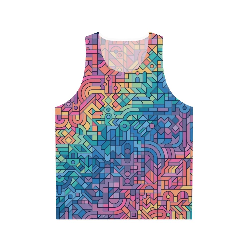 Colorful chaos unisex tank top with abstract pattern and geometric shapes