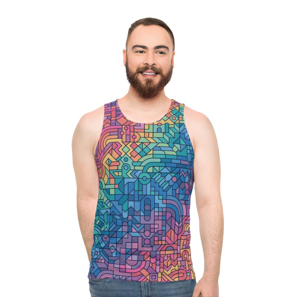 Colorful chaos unisex tank top with abstract pattern and geometric shapes