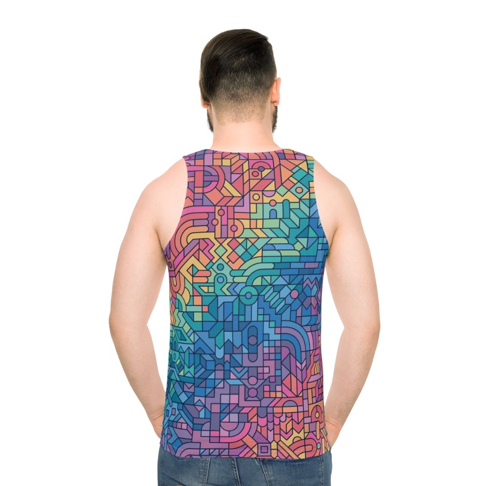 Colorful chaos unisex tank top with abstract pattern and geometric shapes