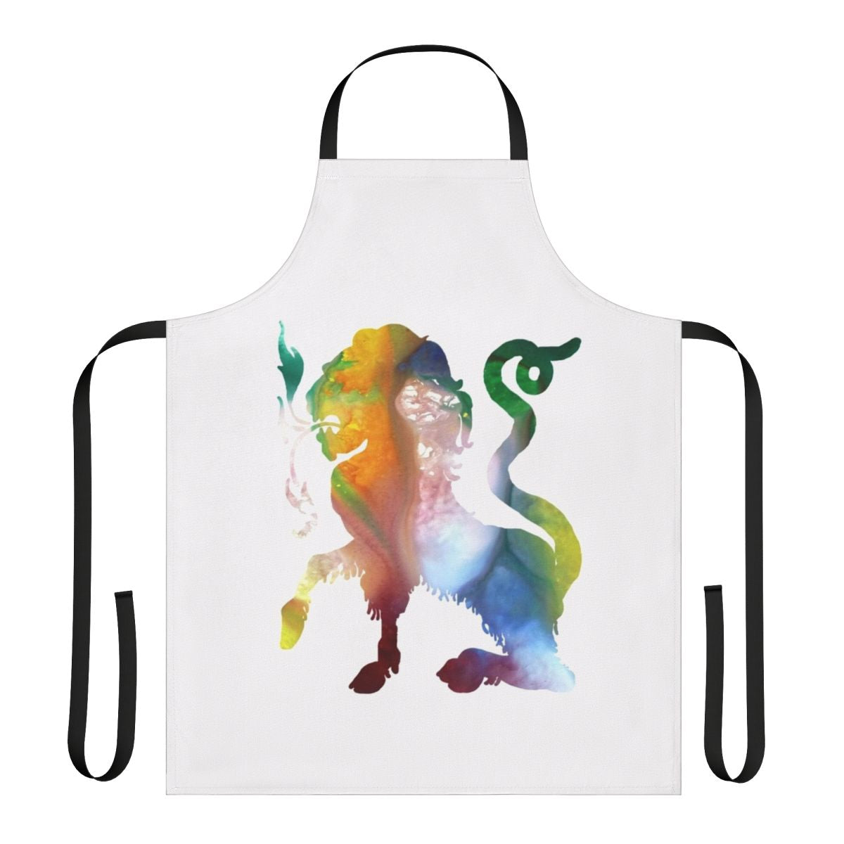 Watercolor illustration of a mythical chimera creature on a colorful apron