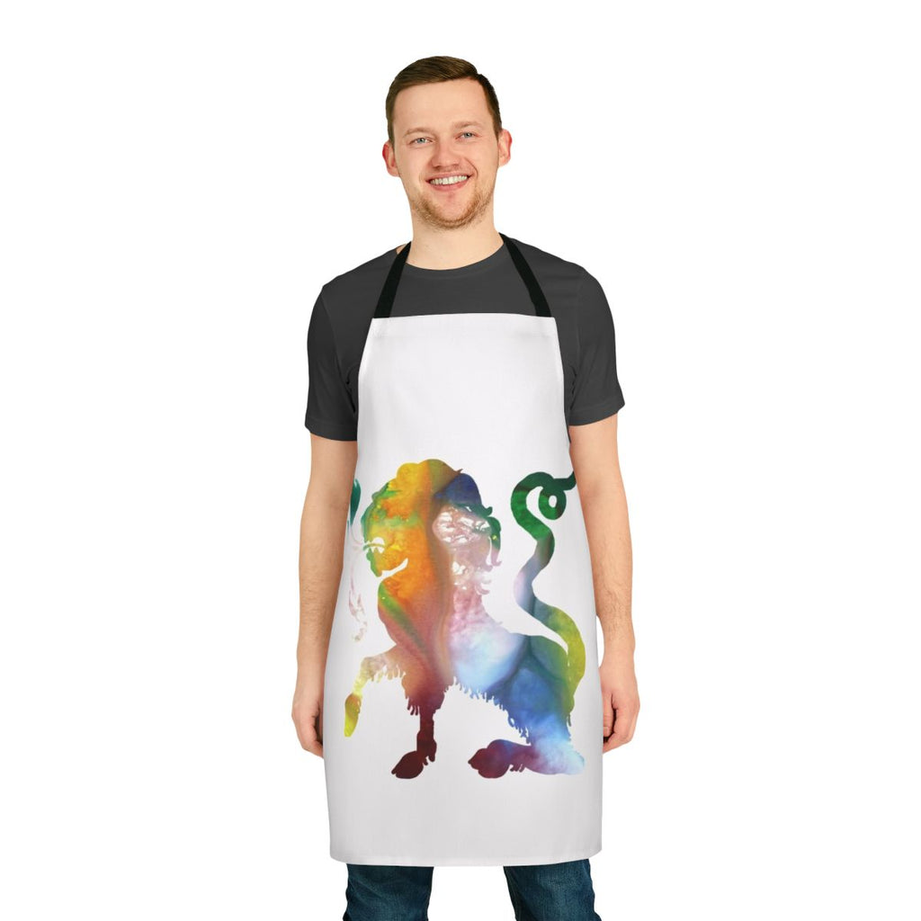 Watercolor illustration of a mythical chimera creature on a colorful apron