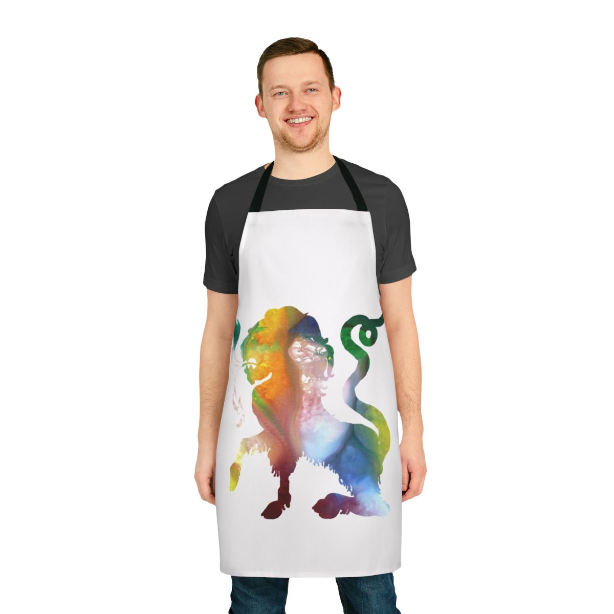 Watercolor illustration of a mythical chimera creature on a colorful apron