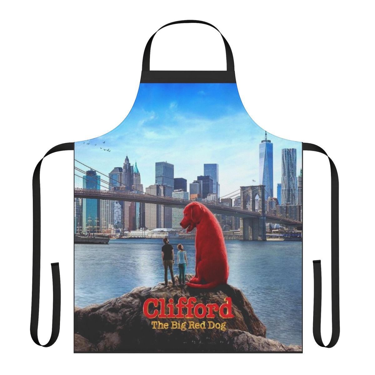 Vibrant red and blue apron featuring the beloved Clifford the Big Red Dog character