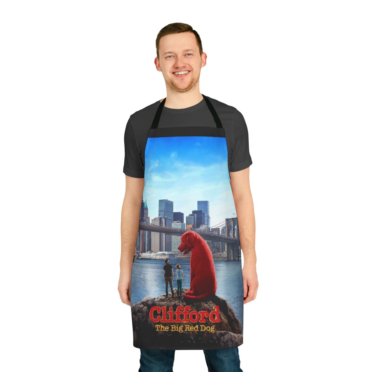Vibrant red and blue apron featuring the beloved Clifford the Big Red Dog character