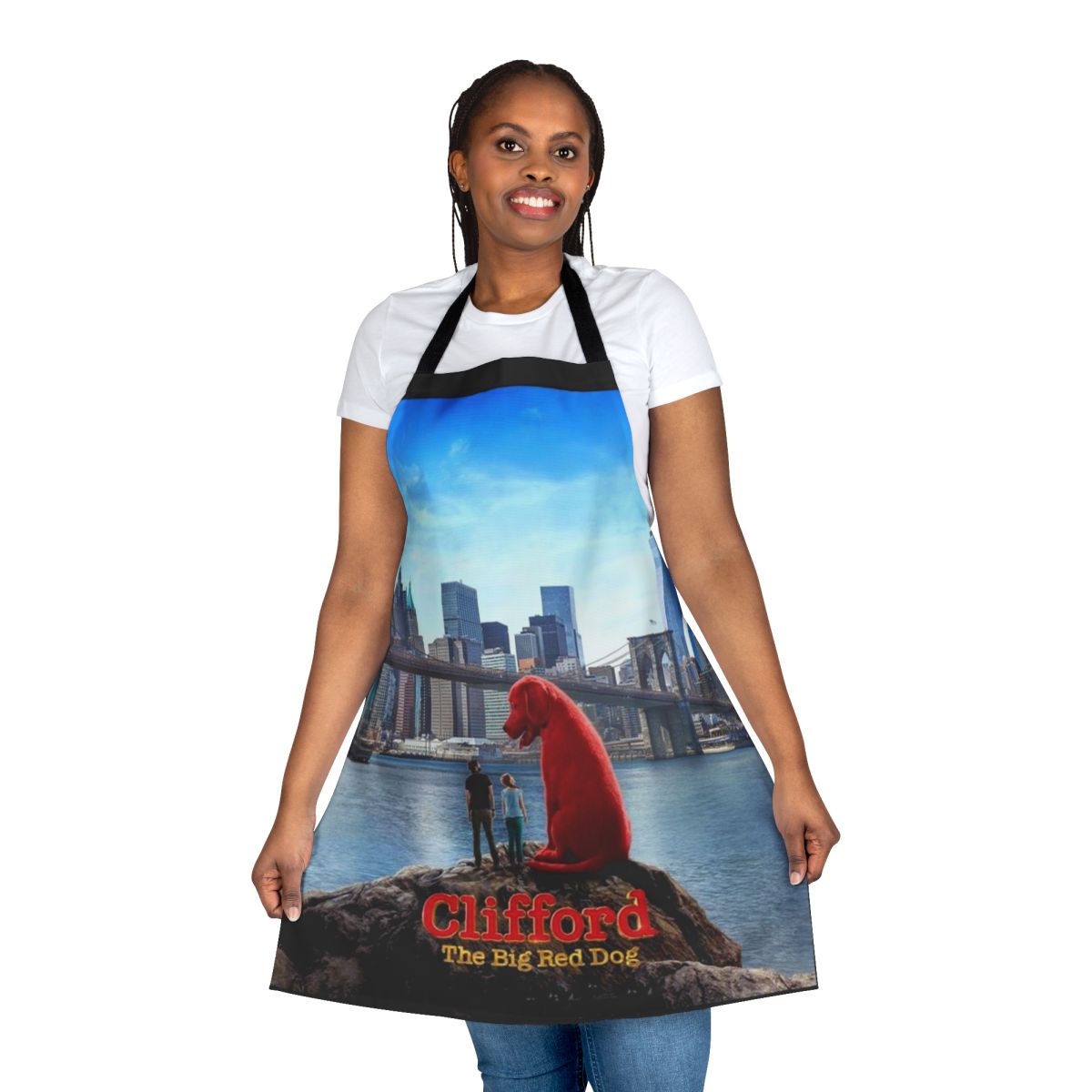 Vibrant red and blue apron featuring the beloved Clifford the Big Red Dog character