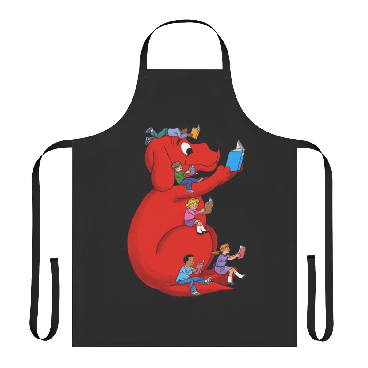 A vibrant, cartoon-style apron featuring Clifford the Big Red Dog and his friends