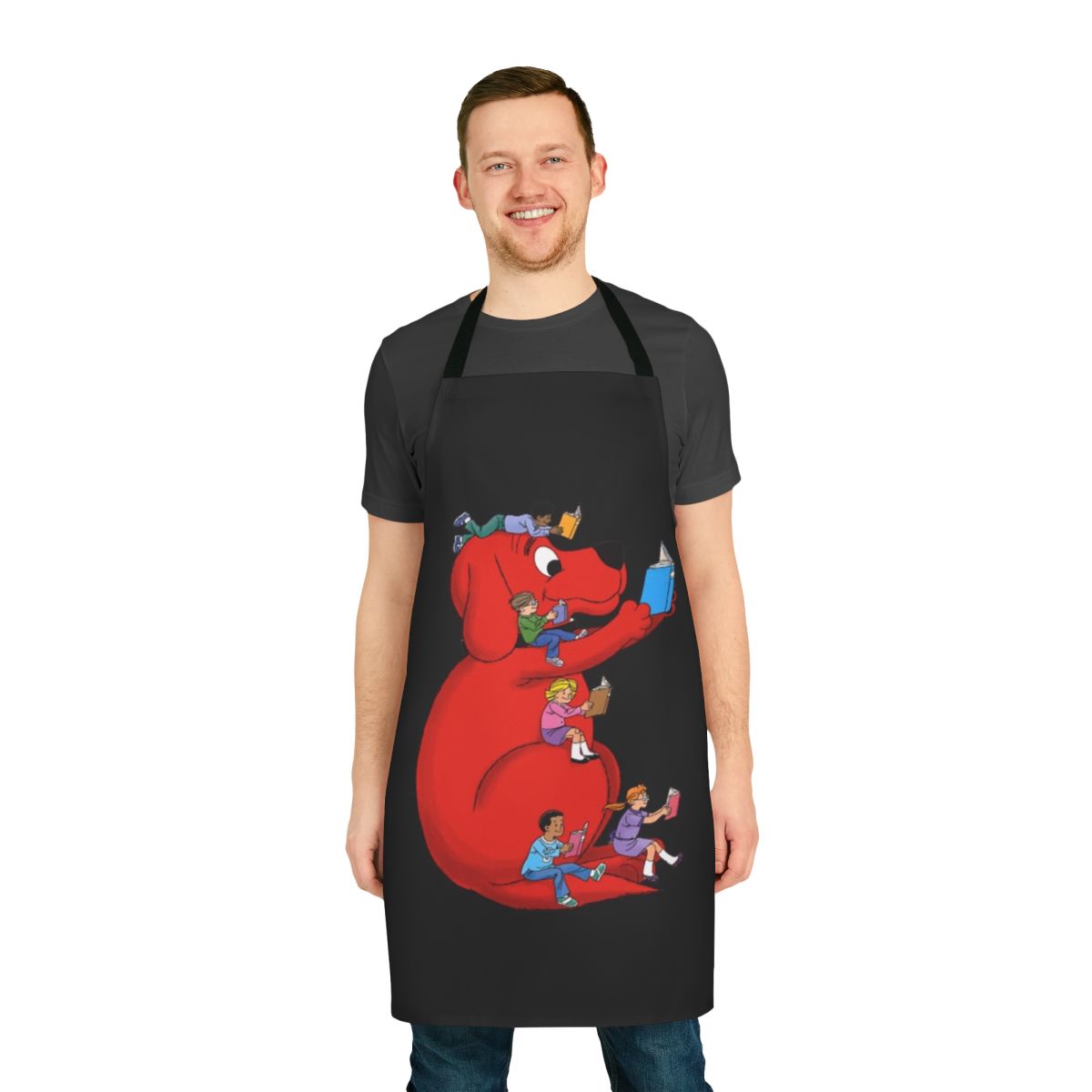 A vibrant, cartoon-style apron featuring Clifford the Big Red Dog and his friends