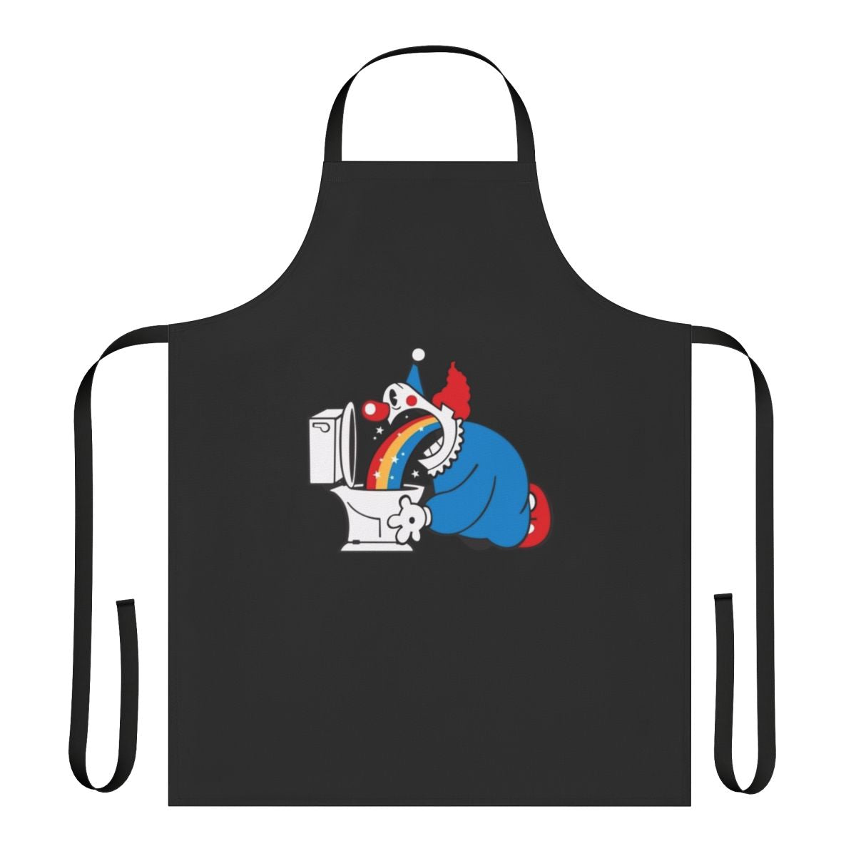 A vibrant apron featuring a clown dramatically throwing up a rainbow
