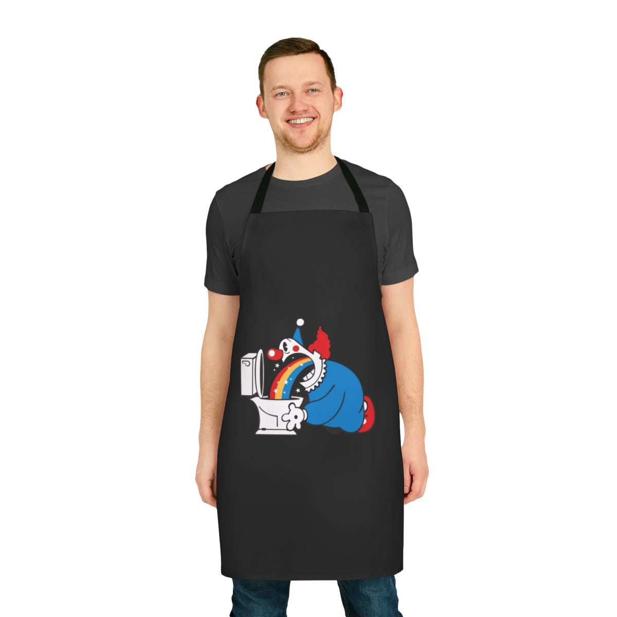 A vibrant apron featuring a clown dramatically throwing up a rainbow