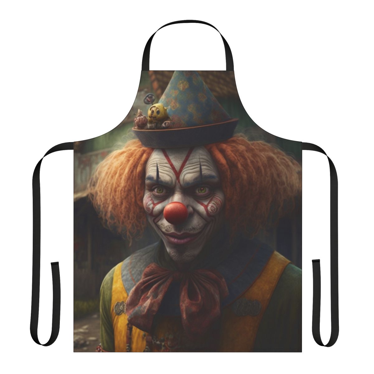Vibrant apron featuring playful clown characters in a market scene