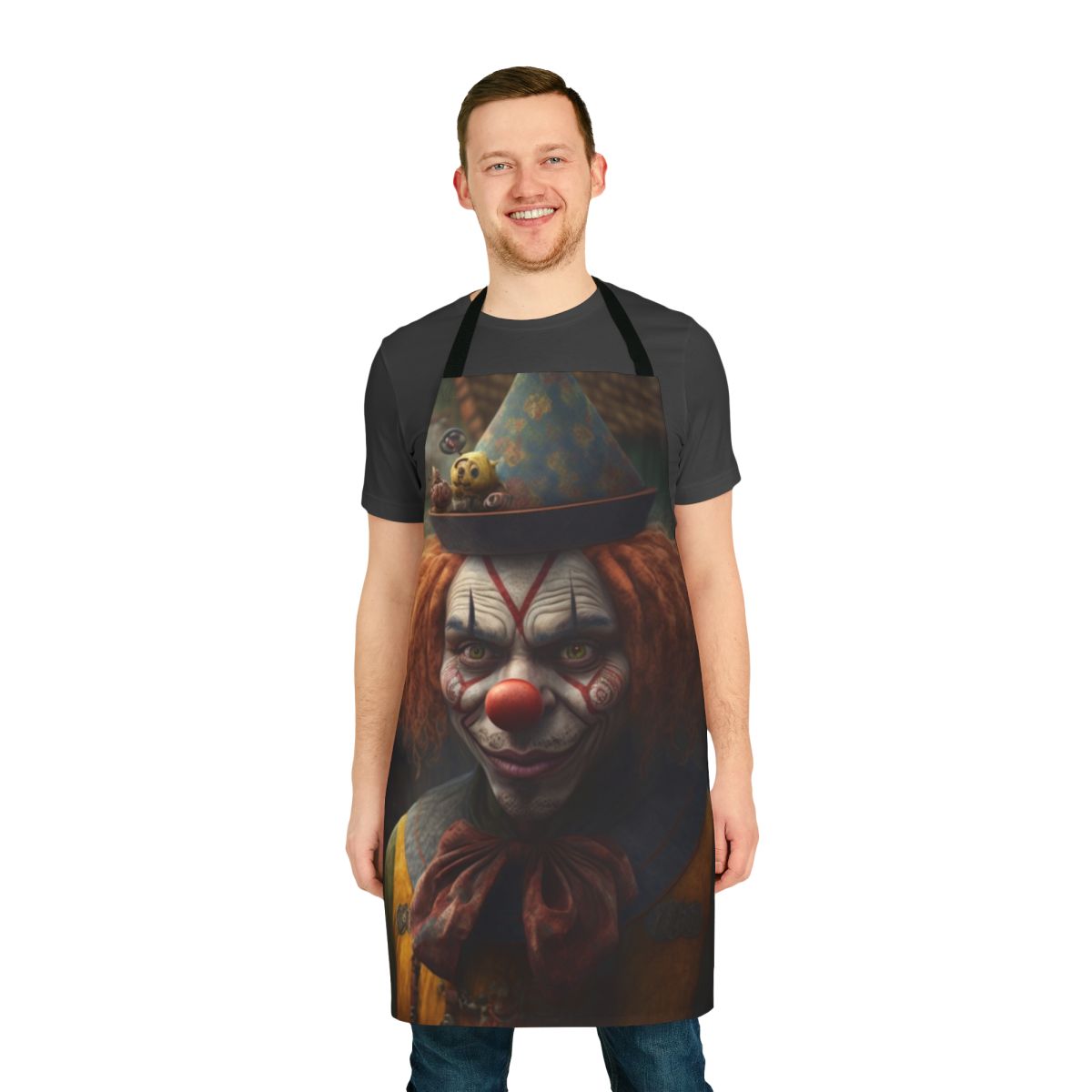 Vibrant apron featuring playful clown characters in a market scene