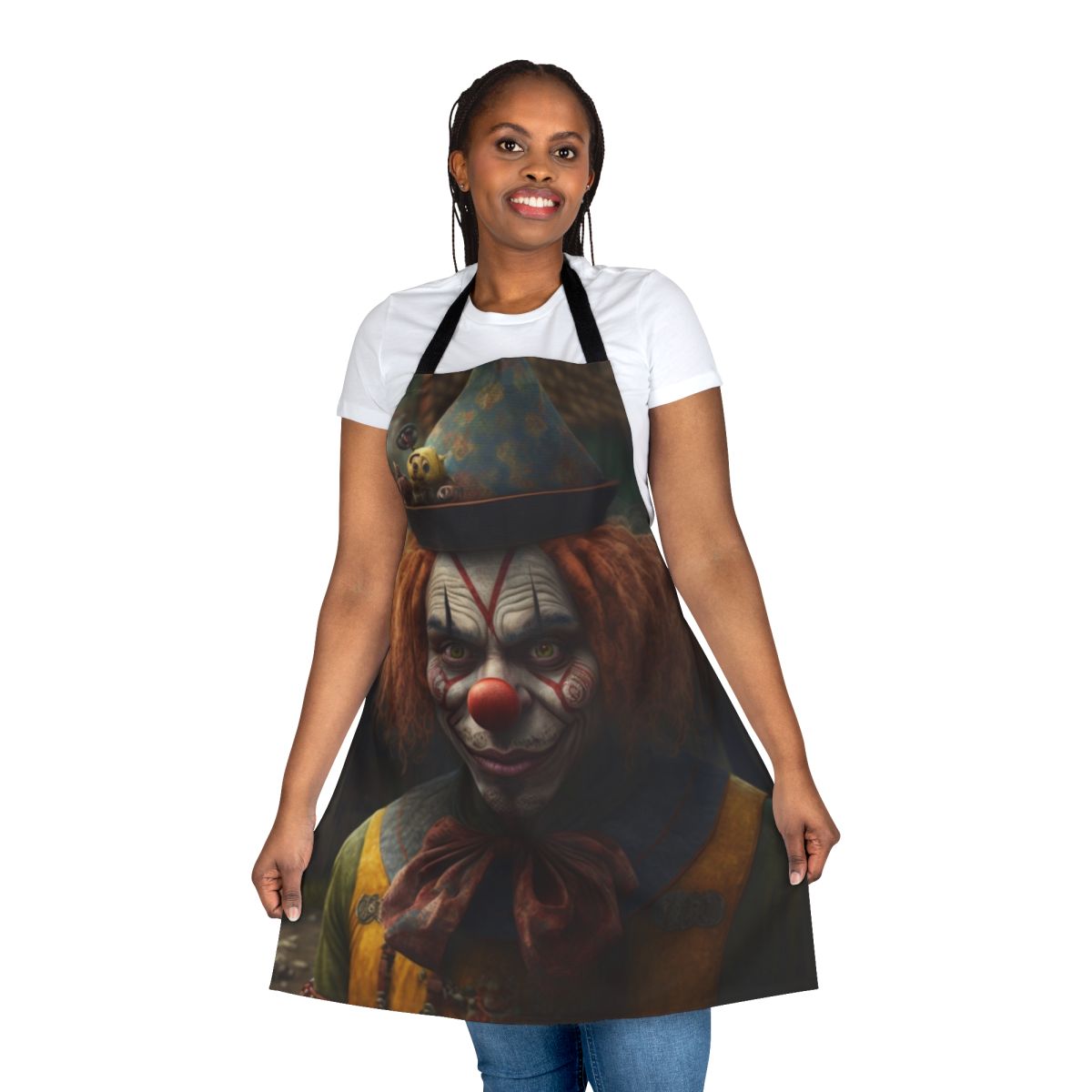 Vibrant apron featuring playful clown characters in a market scene