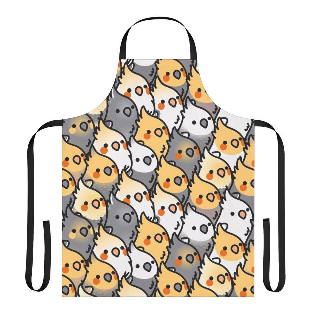A vibrant apron featuring a playful cockatiel pattern, perfect for bird lovers and party enthusiasts.