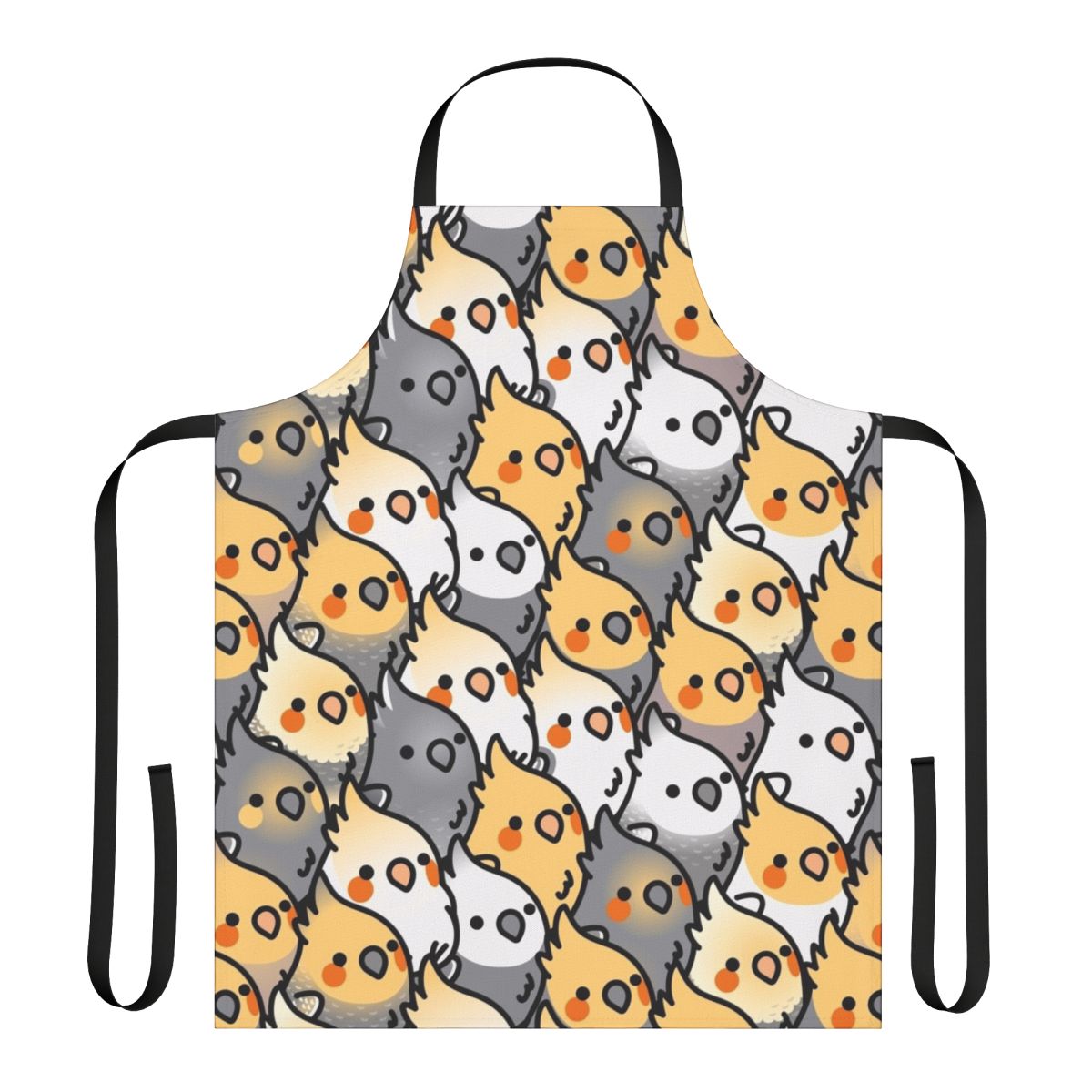 A vibrant apron featuring a playful cockatiel pattern, perfect for bird lovers and party enthusiasts.