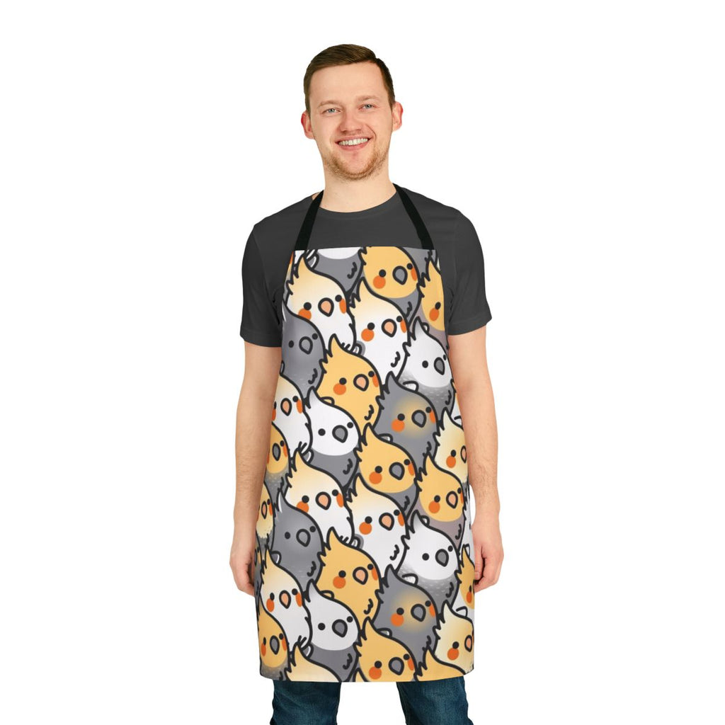 A vibrant apron featuring a playful cockatiel pattern, perfect for bird lovers and party enthusiasts.